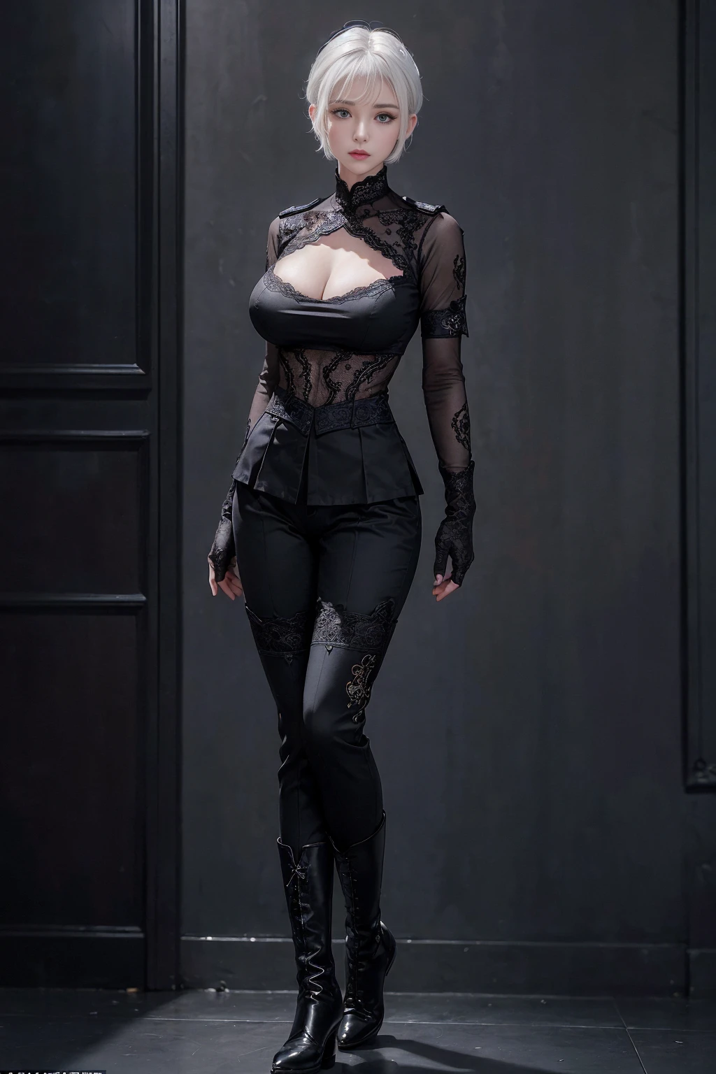 ((1 Full body single woman)) ,(Shooting from front and middle), looking at the camera, centered image, tmasterpiece，A high resolution, Absolutely beautiful, facing to the camera, Tall and fit body，(big breast : 1.3), white short hair with updo, (full coverage black lace uniform, Embroidery uniform, decorated uniform and pants, Exquisite details of the uniform and pants, black lace stockings, warrior, black gloves, show black boots, (lace) uniform, allure：white hair, short hair (hair behind the body),  adult,（Tall：1.5），Rich scene detail，In the midst of the war，standing.