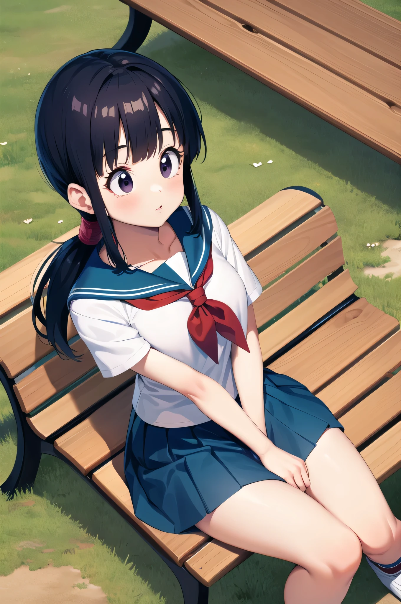 masterpiece, highest quality, High resolution, Dragon Ball, Pochichi, (Low Ponytail:1.1), Sailor suit, skirt, Shyness, Looking up, Sitting, bench,  upper