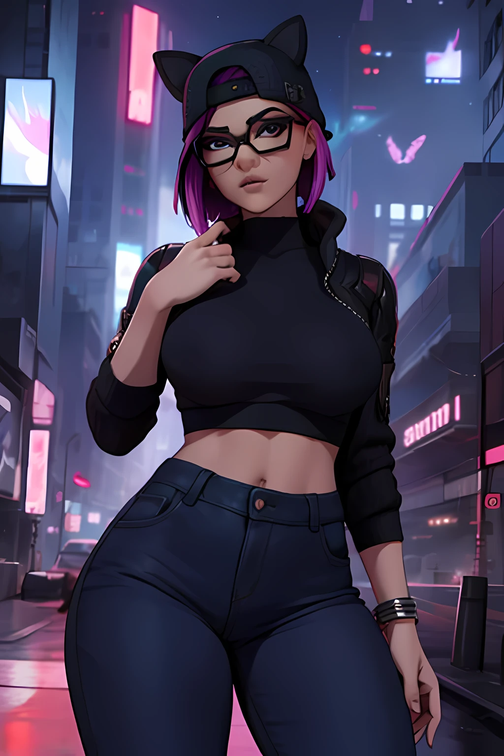 Traje de lino Cyberpunk, Noche, pulsera de picos,gorro,black jeans, chaqueta azul marino ,Extremadamente detallado, rostro detallado, gafas ,hermoso rostro, ojos finos, mirando al espectador, pose femenino.