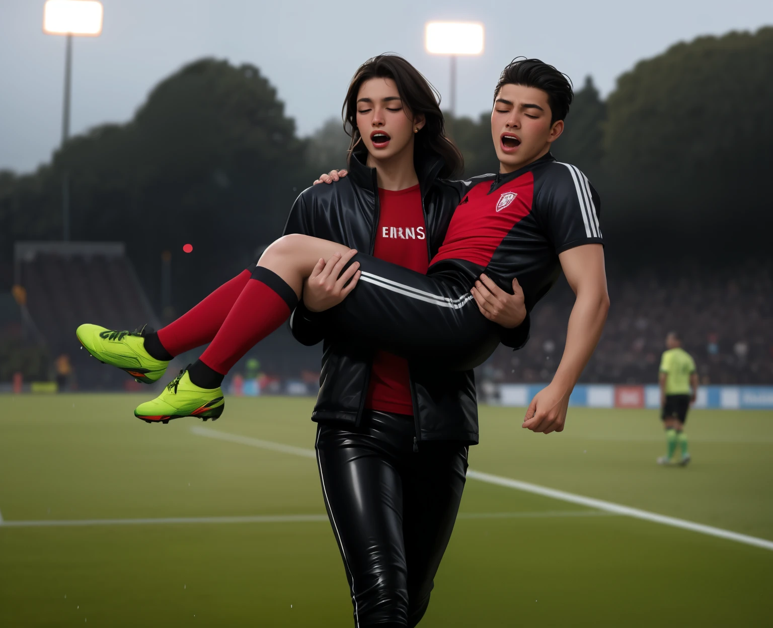 a screaming girl in a laquered and very shiny quilted coat carries a man, a woman carries a man, a woman carries a male soccer player in her arms, rainy weather, rainfall, humid, girl carries guy, lift and carry, an excessively madeup latino-girl in a high-shine wet black latex downcoat, a soccer scene, very matte cotton soccer sportswear on a well shaped male body, a soccer injury, first aid carry at a soccer match, a young madeup latino-girl in a shiny black vinyl downjacket, a madeup latino-girl in a shiny plastic-downcoat, a very sad and desperately crying latino-girl, an intensely madeup latino-girl in a glossy black vinyl-downcoat, latino-girl with lipstick, latino-girl with smoky eyes, dramatic action pose, woman that is carrying a skinny shorthaired man, there is a beautiful woman in a shiny coat who is carrying a shorthaired blond man in her arms, a longhaired beautiful woman in a high-shine black puffy coat, a longhaired woman in a shiny downcoat, a woman is carrying a shorthaired man who is wearing black shorts, a weak shorthaired man in black shorts is consciousless and needs to be carried, a shorthaired man with closed eyes is carried in the arms of a longhaired latino-woman, a latino-woman looks very scared and terrified, a consciousless shorthaired man with closed eyes is suffering very much and has a very painful face, photo, photo shoot, photographed, arafed man being carried by a woman, very realistic, very very realistic, hyper-realistic, hyper - realistic, hyper realistic, jacket over bare torso, very disturbing, very hyperrealistic, super realistic, hyperrealistic!, extremely realistic, very very very realistic, super-realistic realistic, super-realistictic!, extremely realistic, very very very realistic, super-realistic realistic, super-realistic

