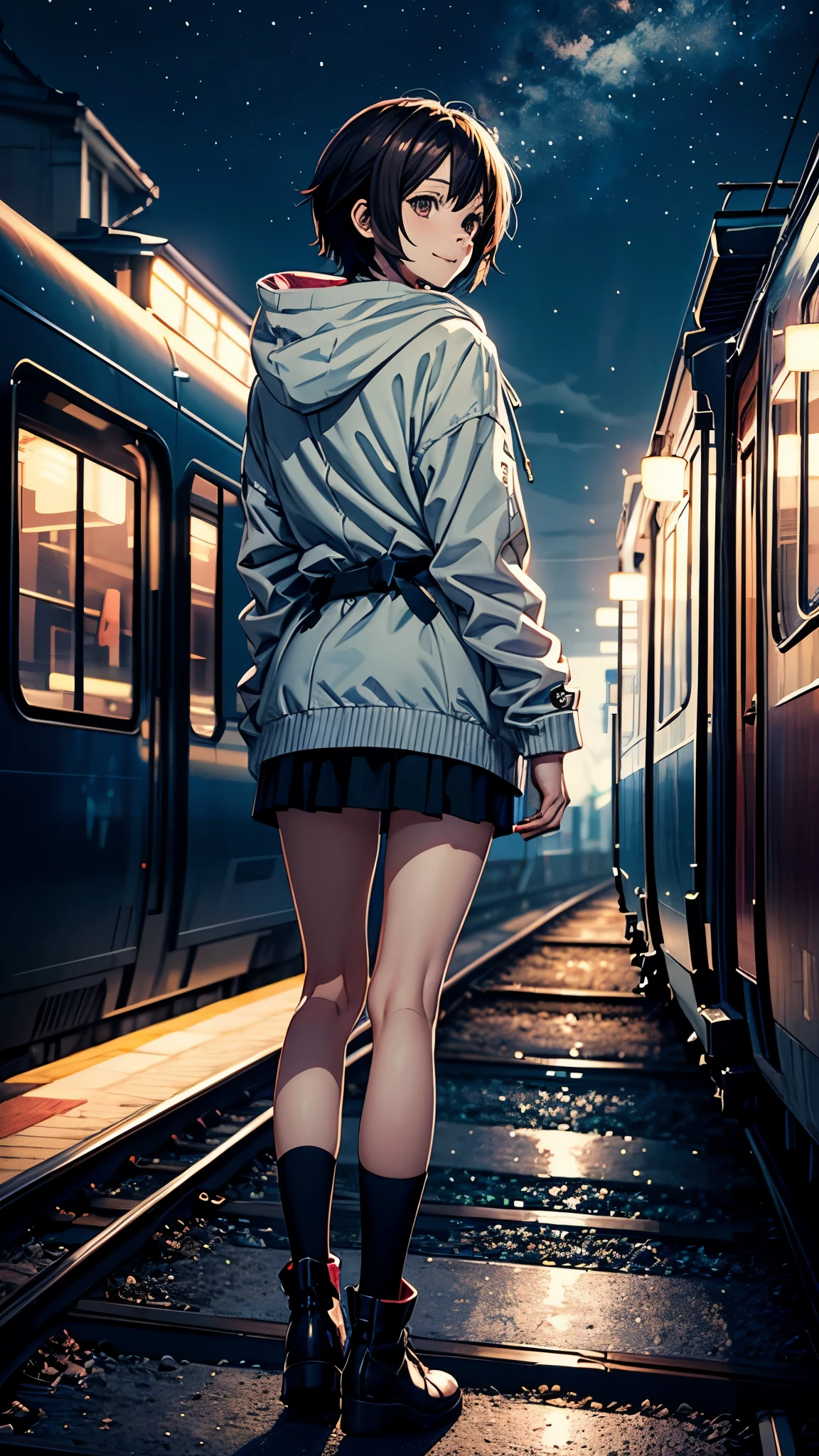 High quality, masterpiece, 1 girl, smile, (wearing miniskirt: 1.2), long hooded coat with trim, landscape, train passing through a body of water on the tracks, sparkling starry sky. Romantic Train, PIXIV, concept art, Lopfe art style, Lopfe art, exquisite anime scenes, anime scenery, detailed view, Shinkai Makoto style, Shinkai Makoto style, detail enhancement.