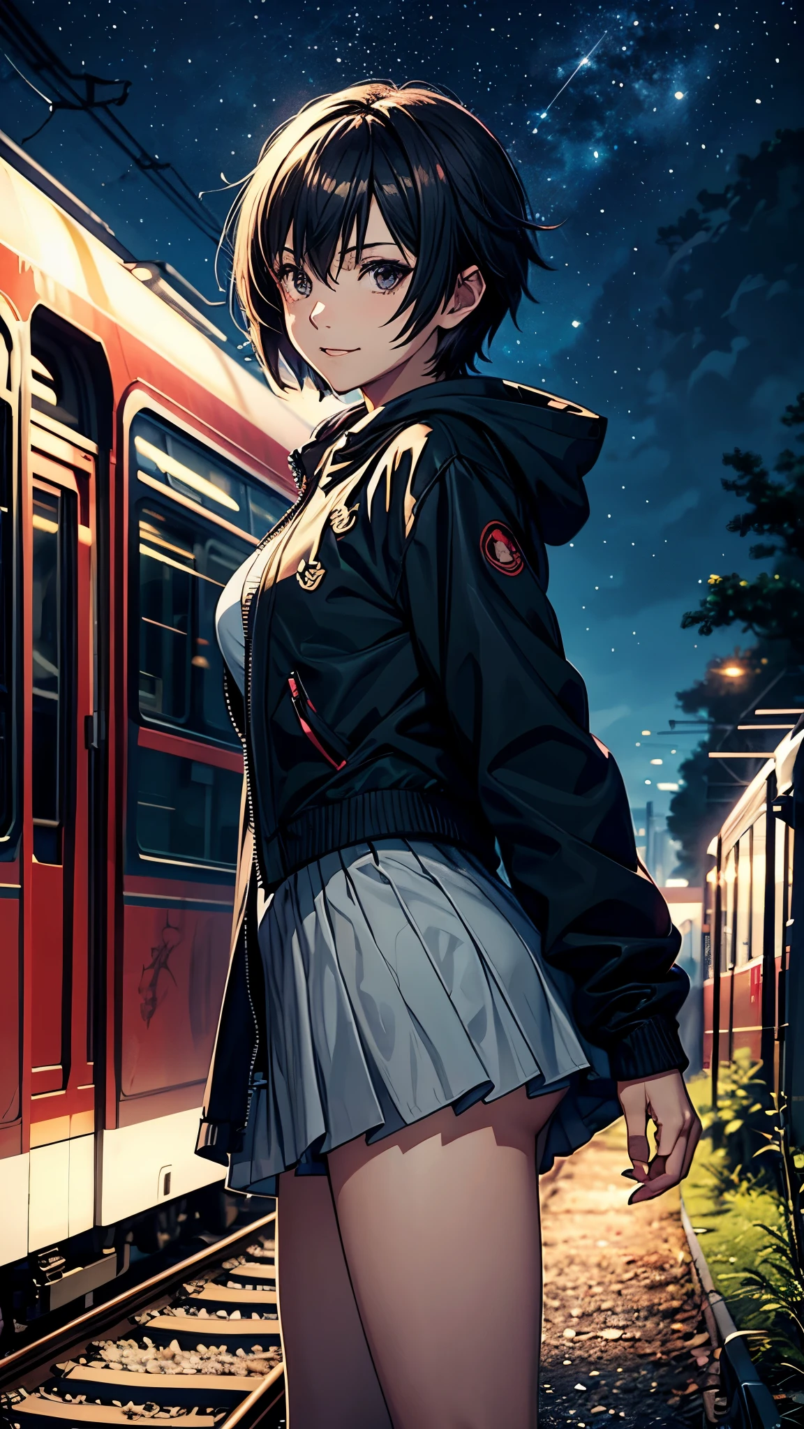 High quality, masterpiece, 1 girl, smile, (wearing miniskirt: 1.2), long hooded coat with trim, landscape, train passing through a body of water on the tracks, sparkling starry sky. Romantic Train, PIXIV, concept art, Lopfe art style, Lopfe art, exquisite anime scenes, anime scenery, detailed view, Shinkai Makoto style, Shinkai Makoto style, detail enhancement.