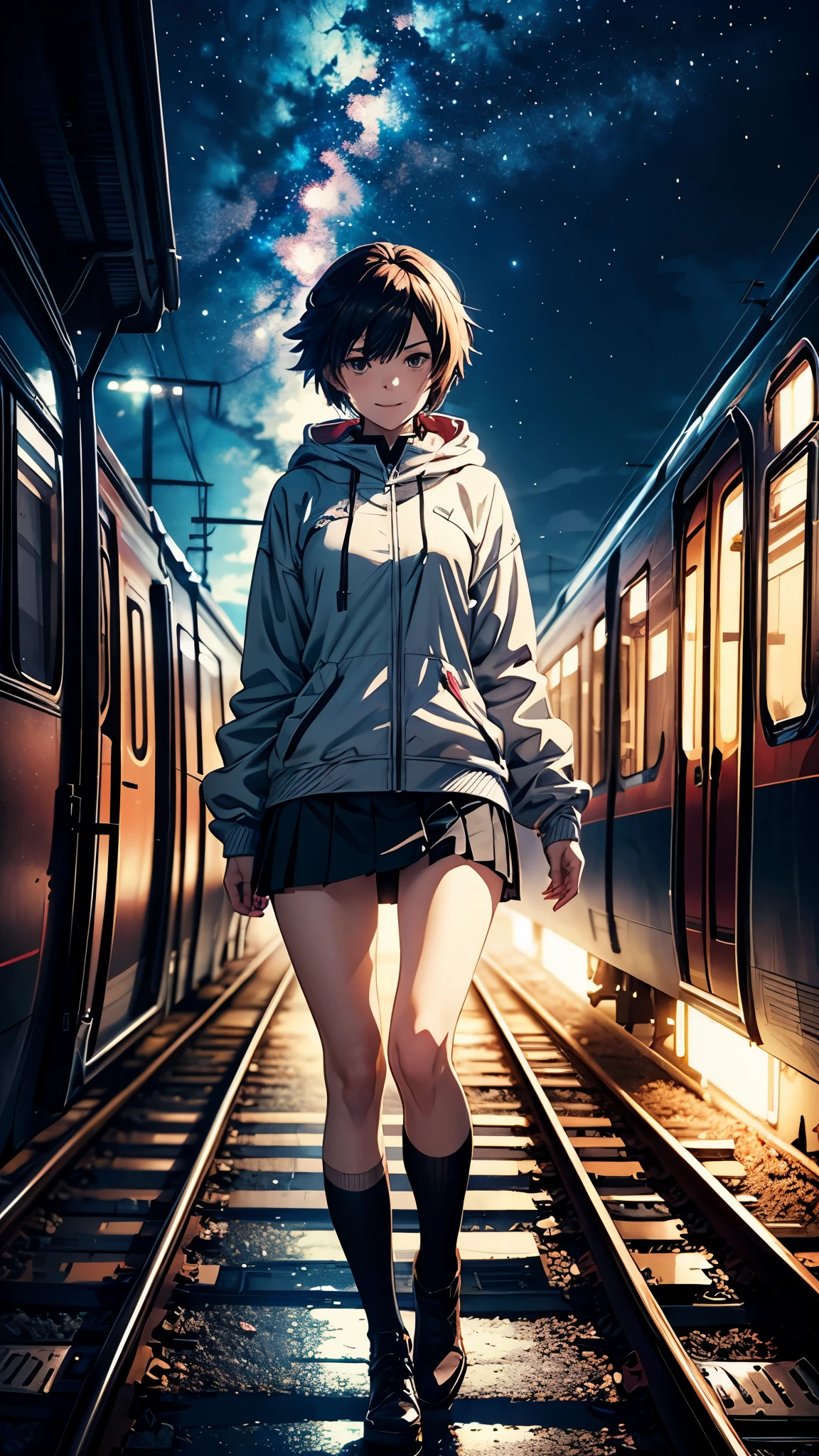 High quality, masterpiece, 1 girl, smile, (wearing miniskirt: 1.2), long hooded coat with trim, landscape, train passing through a body of water on the tracks, sparkling starry sky. Romantic Train, PIXIV, concept art, Lopfe art style, Lopfe art, exquisite anime scenes, anime scenery, detailed view, Shinkai Makoto style, Shinkai Makoto style, detail enhancement.