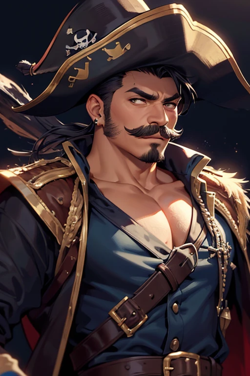 An 8k masterpiece, highest resolution, every detail, meticulous detail, depth of field, bright colors, beautiful composition,realistic skin: 1man with mustache,black undercut hair,pirate clothes,pirate hat,earings,blue gloves,abstract background.