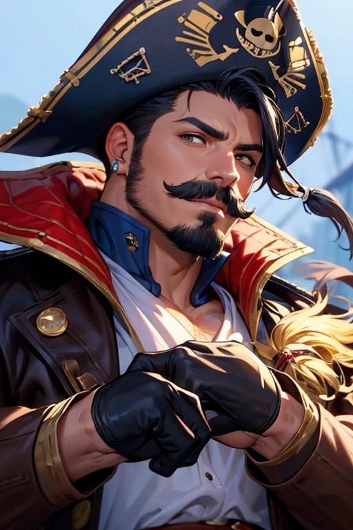 An 8k masterpiece, highest resolution, every detail, meticulous detail, depth of field, bright colors, beautiful composition,realistic skin: 1man with mustache,black undercut hair,pirate clothes,pirate hat,earings,blue gloves,abstract background.