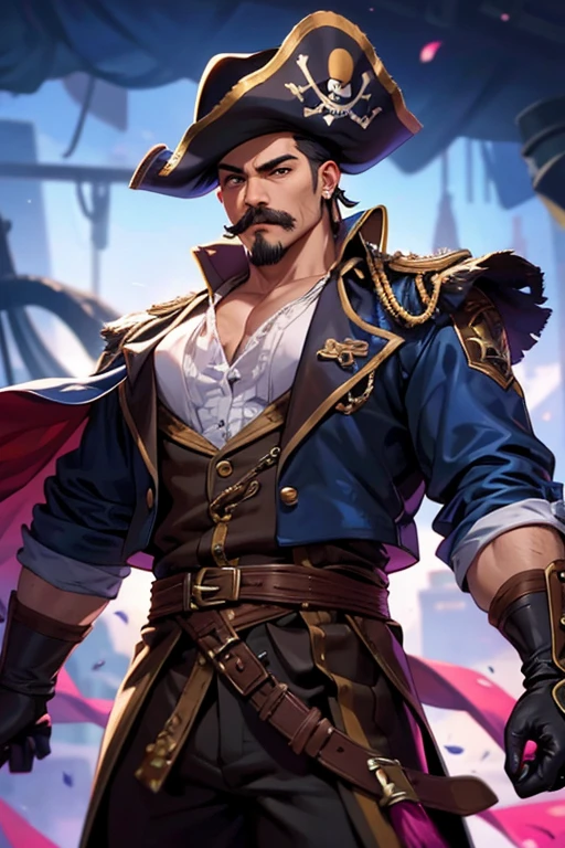 An 8k masterpiece, highest resolution, every detail, meticulous detail, depth of field, bright colors, beautiful composition,realistic skin: 1man with mustache,black undercut hair,pirate clothes,pirate hat,earings,blue gloves,abstract background.