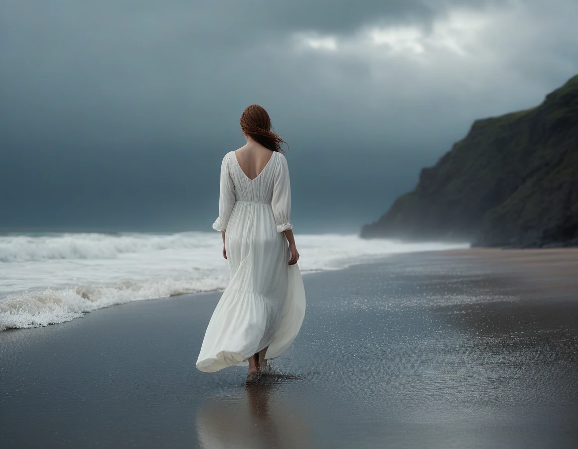 A lonely woman in a long white dress, backwards, walking in the distance, in a stormy rainy beach,dark clouds,delicate detailing,subtle texture,soft-focus effect,soft shadows,minimalist aesthetic,gentle illumination,elegant simplicity,serene composition timeless appeal,visual softness,extremely high quality high detail RAW color photo,professional lighting,sophisticated color grading,sharp focus,soft bokeh,striking contrast,dramatic flair,depth of field,seamless blend of colors,CGI digital painting,cinematic still 35mm,CineStill 50D,800T,natural lighting,shallow depth of field,crisp details,hbo netflix film color LUT,32K,UHD,HDR,film light,panoramic shot,breathtaking,hyper-realistic,ultra-realism,high-speed photography,perfect contrast,award-winning phography,directed by lars von trier
