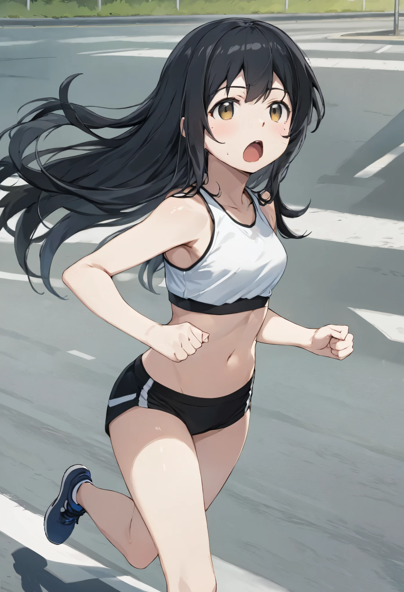 masterpiece, highest quality, High resolution, Will attack, Long Hair, Black Hair, Medium chest, Exposing shoulders, Sportswear, Play sports often, Crop top, White shirt, abdomen, Black Bloomers, Black panties, Thighs, (running:1.2), road, Sweat, Open your mouth,high leg bloomers、