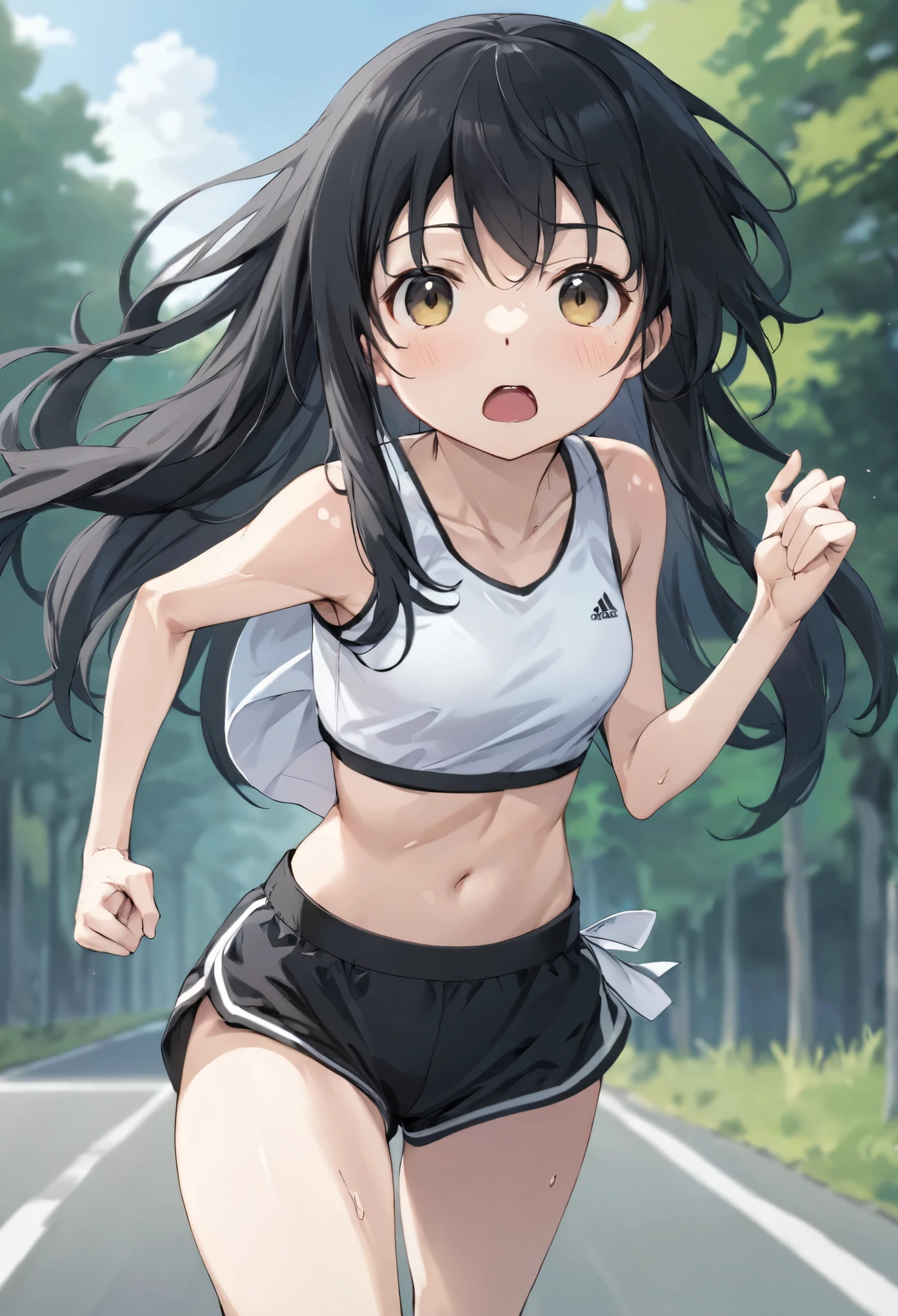masterpiece, highest quality, High resolution, Will attack, Long Hair, Black Hair, Medium chest, Exposing shoulders, Sportswear, Play sports often, Crop top, White shirt, abdomen, Black Bloomers, Black panties, Thighs, (running:1.2), road, Sweat, Open your mouth,high leg bloomers、