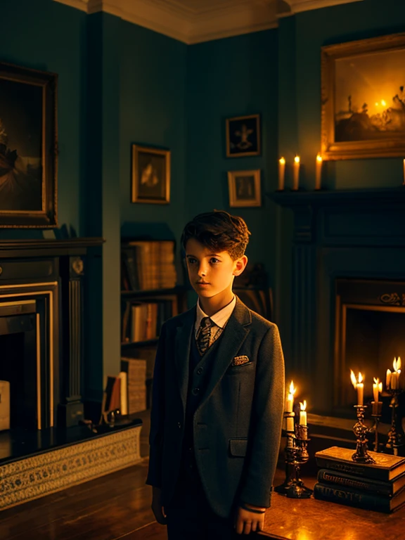 A in his room in the dark night illuminated by candles, thoughtful and serious appearance, thin and fine face, elegant clothes, early 1900s, room full of books, five fingers on each hand, electrical storm outside, very heavy rain, a clock on the fireplace