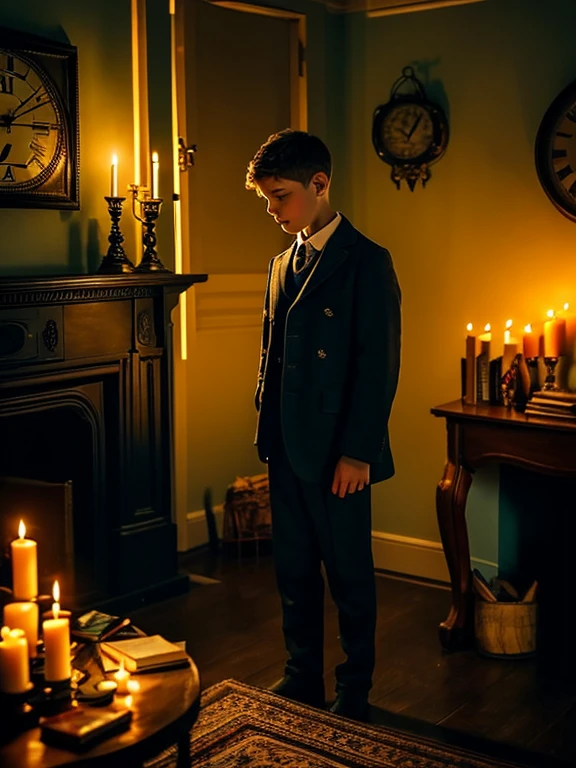 A in his room in the dark night illuminated by candles, thoughtful and serious appearance, thin and fine face, elegant clothes, early 1900s, room full of books, five fingers on each hand, electrical storm outside, very heavy rain, a clock on the fireplace