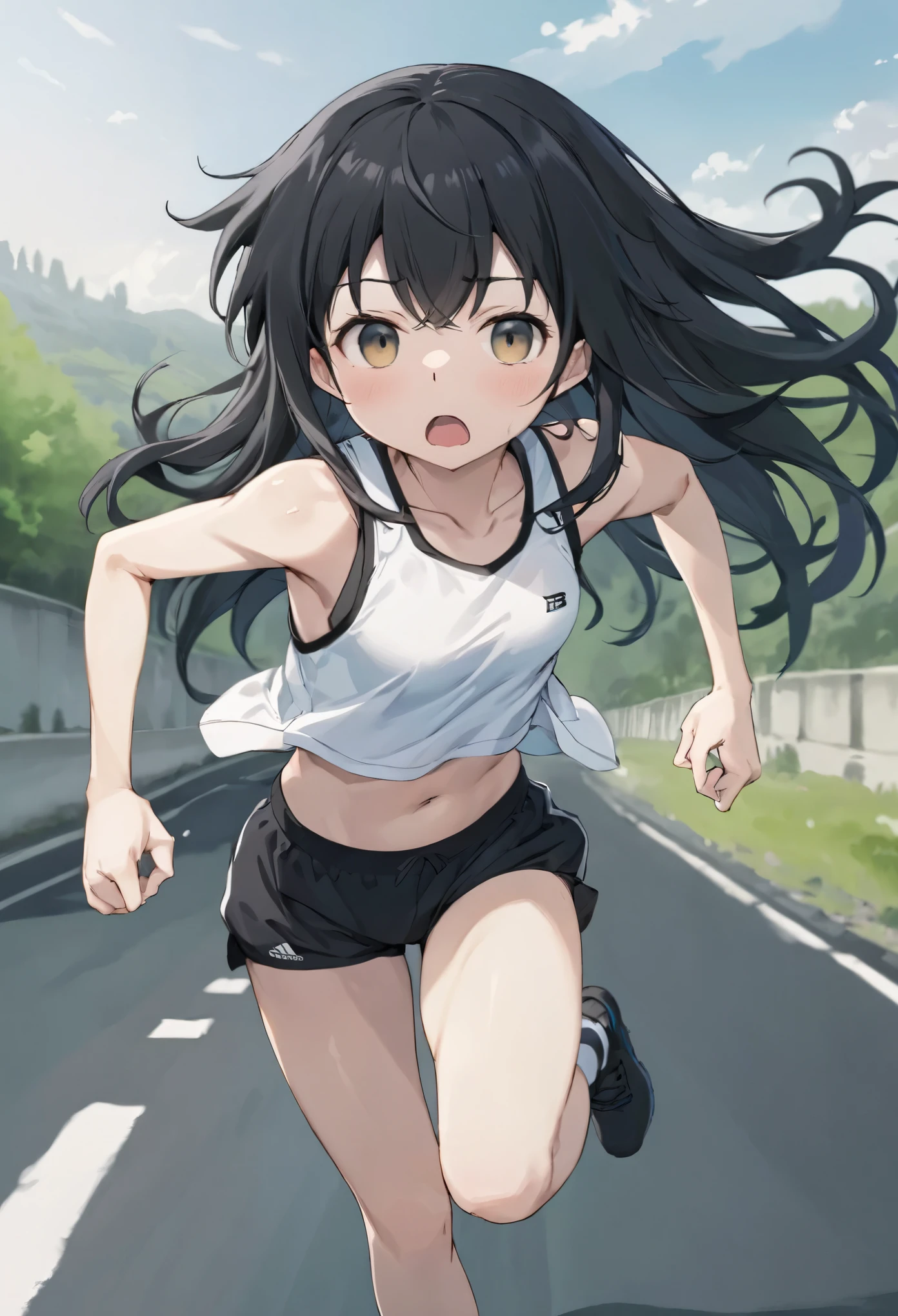 masterpiece, highest quality, High resolution, Will attack, Long Hair, Black Hair, Medium chest, Exposing shoulders, Sportswear, Play sports often, Crop top, White shirt, abdomen, Black Bloomers, Black panties, Thighs, (running:1.2), road, Sweat, Open your mouth,high leg bloomers、