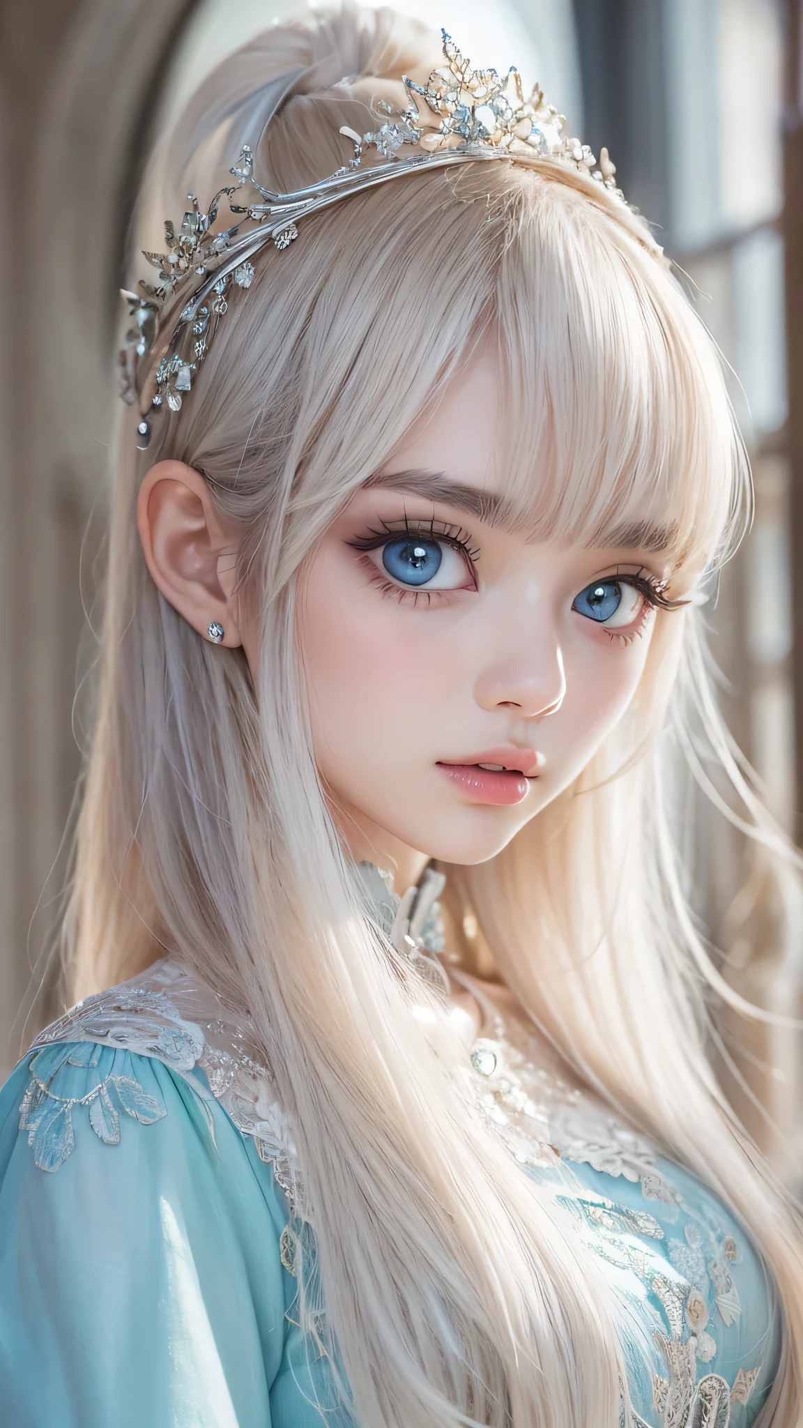 (close:1.4)、(RAW shooting:1.2)、(Realistic:1.4)、(masterpiece:1.3)、(highest quality:1.4)、Bright expression、Very beautiful girl、Extraordinarily beautiful girl、A cute and beautiful face down to the last detail、Beautiful Bangs、Glowing White Skin、Facial hair、Bangs on the face、Bangs between the eyes、Super long hair、Attractive light and dark platinum blonde super long straight silky hair、Thinning hair、Beautiful bright transparent light blue big eyes that are charming and shining、Gorgeous dress、tiara、double eyelid、Bust of a Rich Man、Upper Body、Ancient Capital