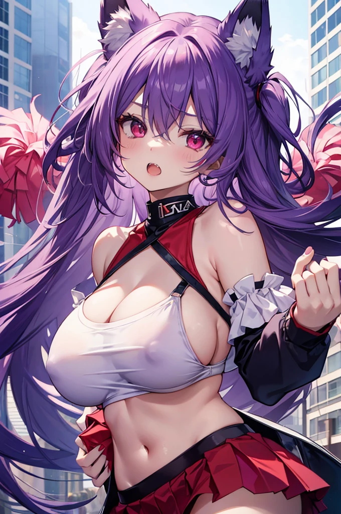 Fox Girl, Large Breasts, Voluminous purple hair, masterpiece , Red eyes, hd, Head to Chest, buried in my chest、Underboob、Double teeth、tooth、Cheerleader、straddling
