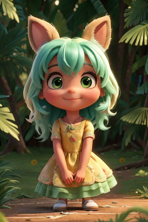 (melhor qualidade,4K,high resolution,ultra-detalhado,realista:1.2), cores vibrantes, (retrato, natureza), floresta com uma garota e animais: uma  de dois anos com cabelo castanho curto, sorridente, surrounded by a friendly rabbit, uma coruja, e um esquilo