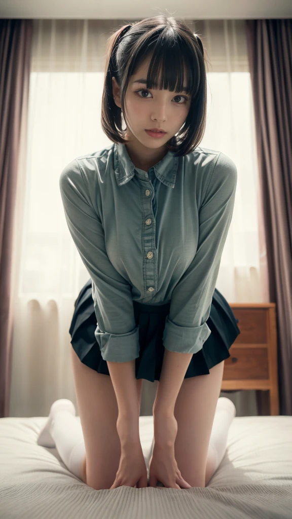 High resolution、high resolution、In 8K、RAW Photosgraphy、Highest quality、masterpiece、Tabletop、erotic、student、Light green Bra,White skin,knees,(Skin-colored pantyhose),Detailed Panty Pattern、Panty Focus、Pink panties、Absurd,Small Face、Big Breasts、前hairを真ん中から分ける、The forehead is visible,(Cold look<eyeを細めて,Glare,strong,Light anger)、masterpiece,Highest quality、超High resolution,RAW Photos,Len,Beautiful poop,One person, solo,Dark look,Small breasts,whole body、very nice、JK ,high school girl,Japanese women,standing,(Photorealistic:1.37)、Photon Mapping,Light blue ribbon,Realistic、Cute Face,茶色のeye、Black socks、22 years old、(Red bow tie)、Radio City、物理ベースLenダリング、prospect、Depth of written boundary、Blurred Background、picture,Girls、body,Beautiful feet, Long legs, Thin legs,Long Bob Cut,(前hairが見える), hair, Lips, green_eye, Nose Soft,(Light blue shirt), (Navy Pleated Skirt), kneesが見える,See-through clothing,, thigh, black cotton socks,Nogizaka Idol, , Japanese Ido、キラキラしたeye、Glossy Lips、