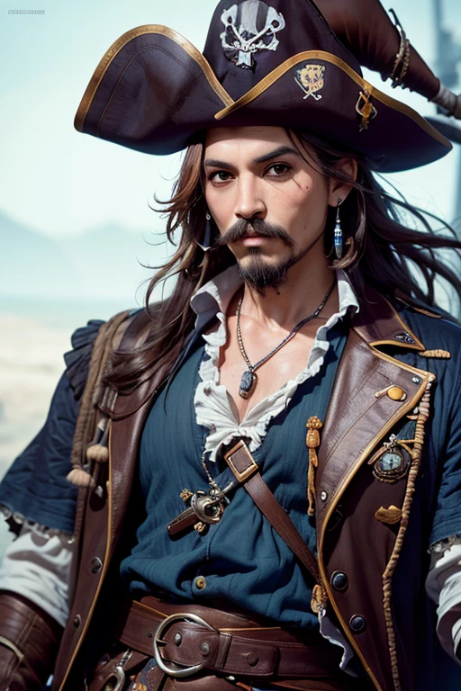 An 8k masterpiece, highest resolution, every detail, meticulous detail, depth of field, bright colors, beautiful composition,realistic skin: 1man with mustache,jack sparrow,black undercut hair,pirate clothes,pirate hat,earings,blue gloves,abstract background.