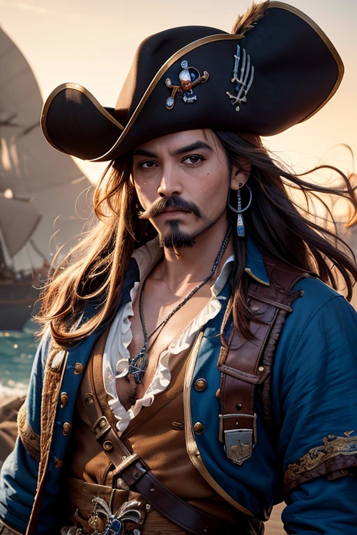 An 8k masterpiece, highest resolution, every detail, meticulous detail, depth of field, bright colors, beautiful composition,realistic skin: 1man with mustache,jack sparrow,black undercut hair,pirate clothes,pirate hat,earings,blue gloves,abstract background.