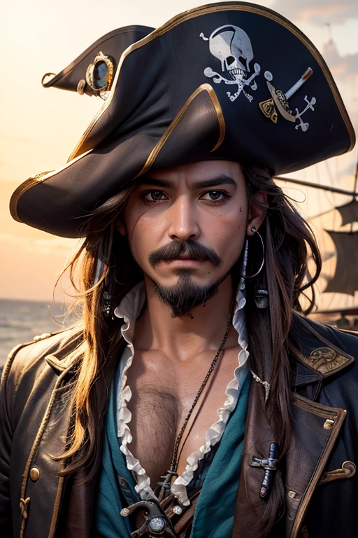 An 8k masterpiece, highest resolution, every detail, meticulous detail, depth of field, bright colors, beautiful composition,realistic skin: 1man with mustache,jack sparrow,black undercut hair,pirate clothes,pirate hat,earings,blue gloves,abstract background.