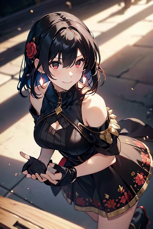 yor briar, anime style beutiful woman, 1girl, happy, smile, red face, closed mouth, beautiful detailed eyes, super detailed skin, backlighting, bare shoulders, black background, black dress, black gloves, black hair, breasts, dress, earrings, fingerless gloves, floating hair, floral print, flower, gloves, gold earrings, gold hairband, hair flower, hair ornament, hairband, holding, holding weapon, jewelry, large breasts, long hair, looking at viewer, off-shoulder dress, off shoulder,red eyes, short hair with long locks, sidelocks, solo, spikes, thighs, two-sided dress, two-sided fabric, weapon, fighting stance , face, close up, from above, highest quality, high resolution. 