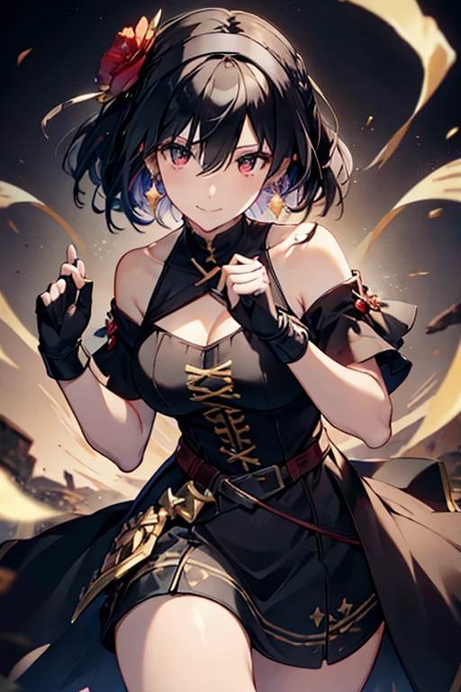 yor briar, anime style beutiful woman, 1girl, happy, smile, red face, closed mouth, beautiful detailed eyes, super detailed skin, backlighting, bare shoulders, black background, black dress, black gloves, black hair, breasts, dress, earrings, fingerless gloves, floating hair, floral print, flower, gloves, gold earrings, gold hairband, hair flower, hair ornament, hairband, holding, holding weapon, jewelry, large breasts, long hair, looking at viewer, off-shoulder dress, off shoulder,red eyes, short hair with long locks, sidelocks, solo, spikes, thighs, two-sided dress, two-sided fabric, weapon, fighting stance , face, close up, from above, highest quality, high resolution.