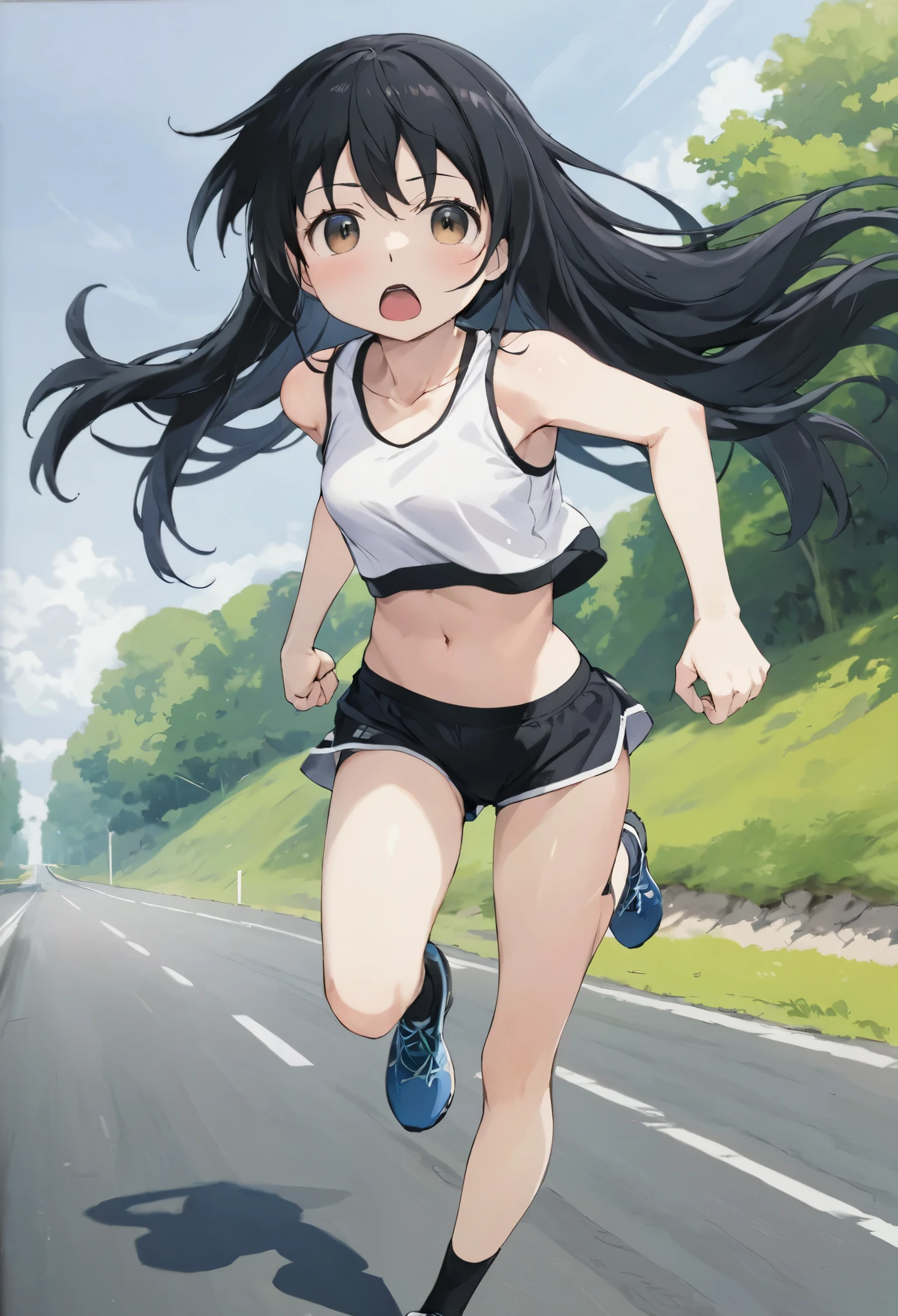 masterpiece, highest quality, High resolution, Will attack, Long Hair, Black Hair, Medium chest, Exposing shoulders, Sportswear, Play sports often, Crop top, White shirt, abdomen, Black Bloomers, Black panties, Thighs, (running:1.2), road, Sweat, Open your mouth,high leg bloomers、