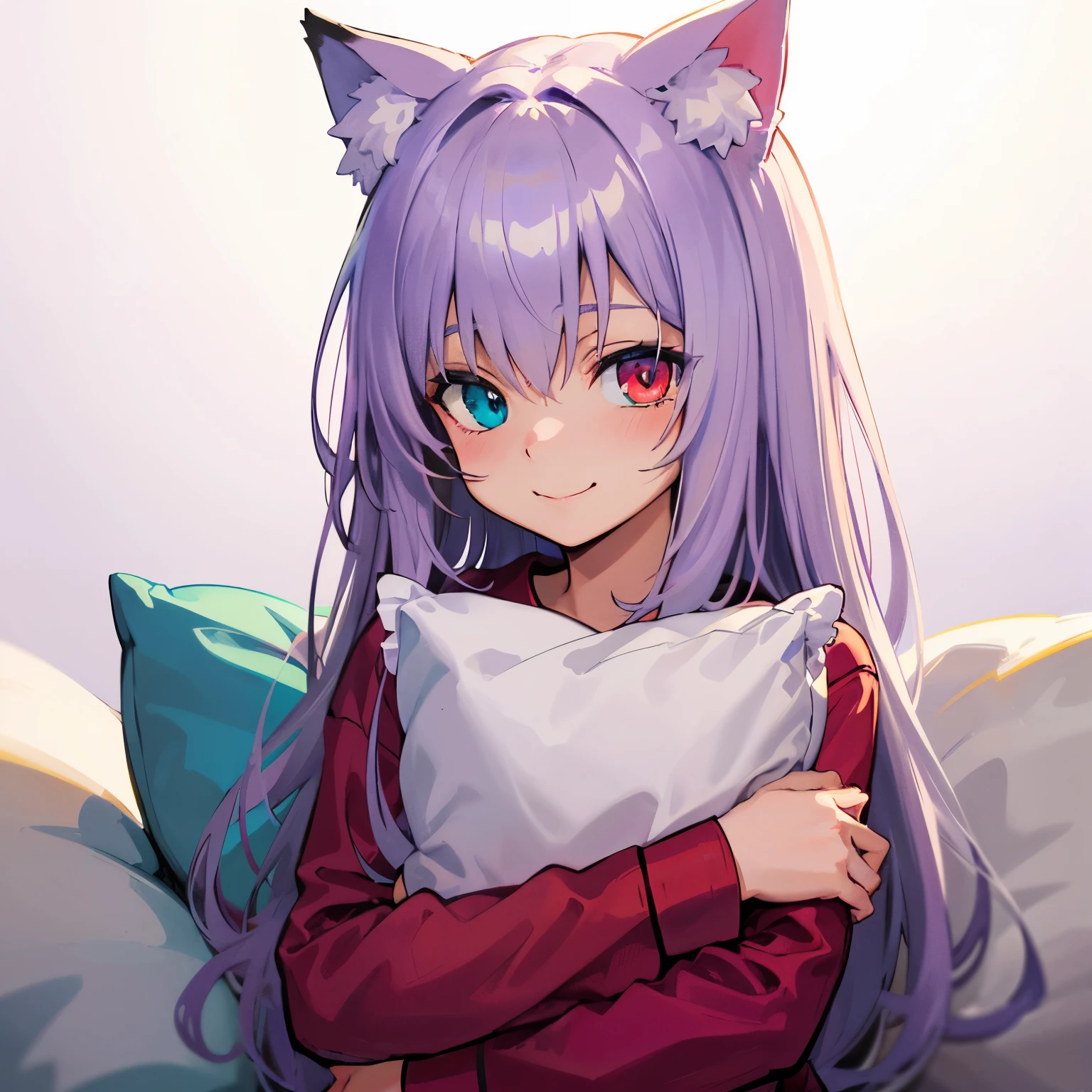 close-up portrait of ((solo catgirl)) hugging a pillow, light violet hair, nekomimi, simple plain background, innocent smile, pajamas, masterpiece, heterochromia, polychromia