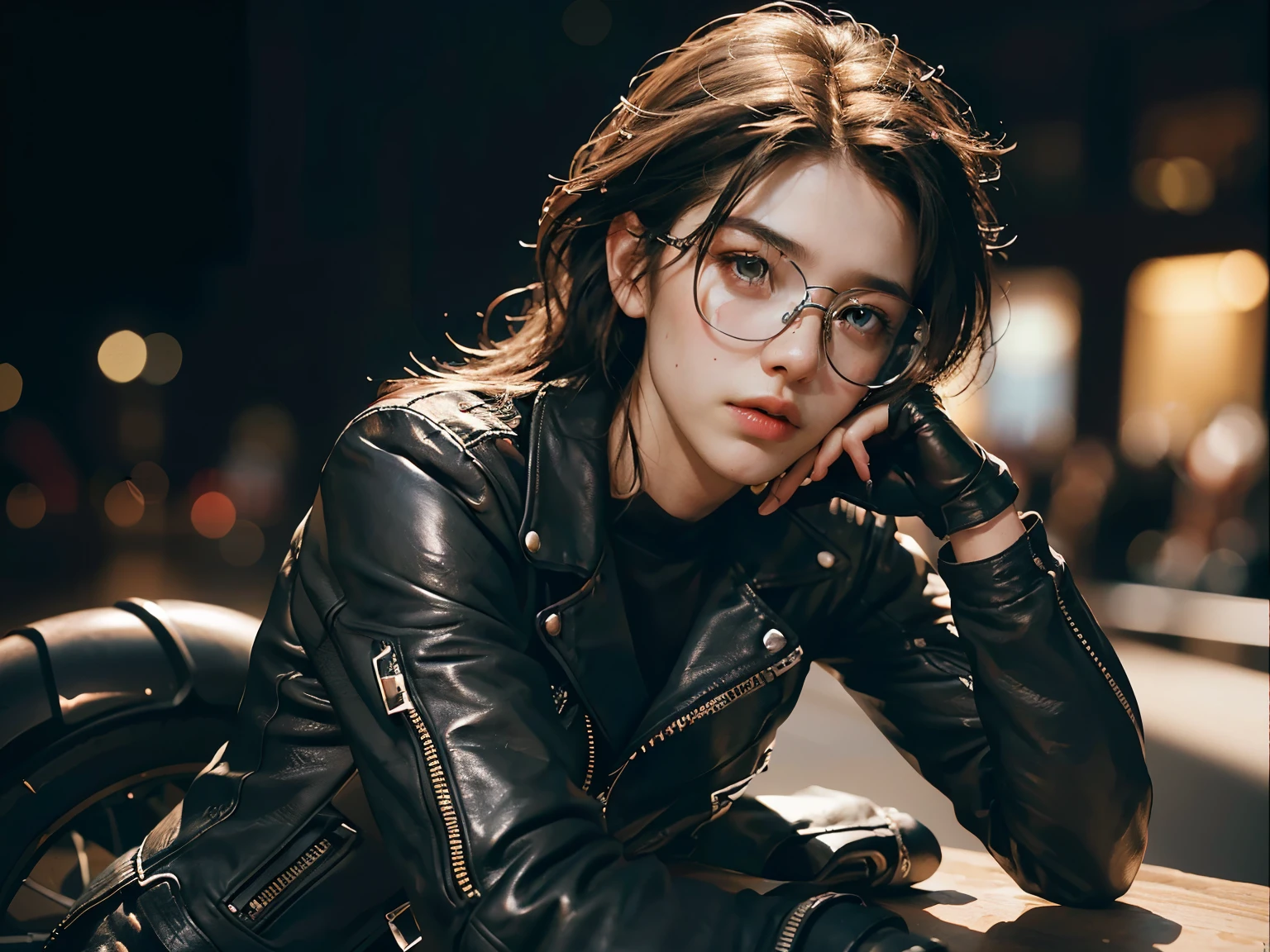 Table of motorcycles under the night sky (Hyper-realistic, Illustration, A high resolution, 32K, Extremely highly detailed, Masterpiece, The wallpaper, Detailed and delicate face, Independent performer, Wearing leather jackets, Surrounded by other motorcycles, Highly Detailed Face and Skin Texture, Detailed eyes, Bearded, Wearing gloves, Wearing goggles, Kneeling beside the motorcycle, Looking at the engine, Concentrated expression, Nervously adjusting the handlebars, Focused, Embracing the motorcycle, High contrast lighting, Shadows on the table, Realistic perspective, Ultra-det