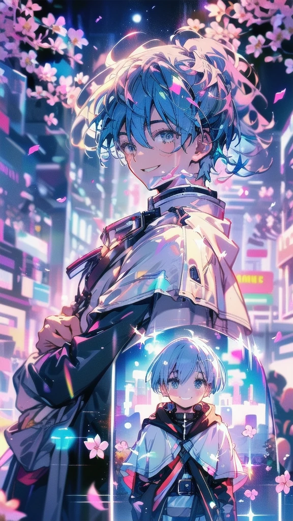 masterpiece, best quality, highres, 1girl frieren, white capelet striped shirt dress, 1boy himmel, (cherry blossoms, cherry blossom, midnight, moon:1.1), (boy is smile:1.4),(boy looking at girl:1.3),(girl looking away:1.3), (girl is expressionless:1.2)
