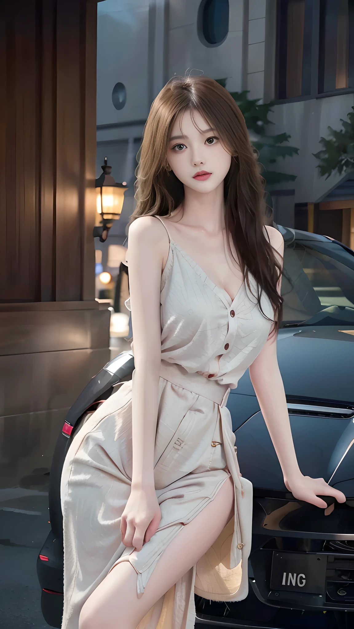 full hd 8k, Girl standing in front of a dark night scene, full moonlight reflecting on her beautiful face. Her long, silky hair was gently blown by the night wind, creating a gentle and romantic feeling. Next to her is a luxury car, showing her success and class. She looked up at the starry sky, as if searching for something, her eyes showed contemplation and loneliness. The full moon shines in the night sky creating a beautiful scene. The girl has long, silky hair, creating a luxurious and noble beauty. The moonlight shines on the girl's delicate face, highlighting her large, round light brown eyes, creating a natural, gentle beauty. She wore a dress, showing off her seductive and luxurious beauty. Her plumble breasts were exposed, revealing her plumble and extremely sexy breasts. These images capture detailed panoramic portraits and views of the sky and cars. All create a beautiful, wonderful picture that makes people unable to take their eyes off the scene. All these details are described clearly and sharply, sexyly poses