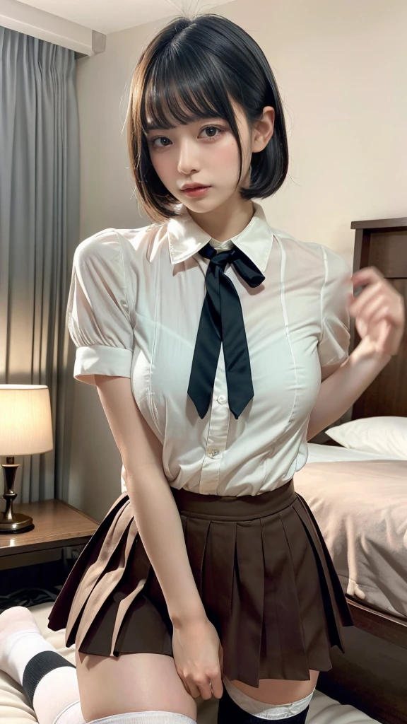 muste piece, best quality, illustration, Super detailed, fine details, High resolution, 8K,wall paper, perfect dynamic composition,(Details High quality, realistic depiction of eyes:1.3), (collared shirt:1.1), pleated skirt, knee high socks, large breasts, short bob hair, black hair color, Big Natural Color Lip, (perfect body shape), crying a little、cold gaze, Harajuku style、20 year old girl、cute type、lolita、beautiful legs, hotel room, Gravure Idol, Voluptuous thighs, large hip, getting pounded from behind, on all fours