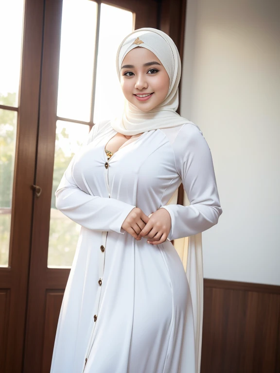 Beautiful, cute baby Face, 16 Years old Sitala, (wearing hijab), full hijab, sexy long sleeves kebaya dress, slightly Chubby , White Skin, Smiling, porn studio Background, day light,mid shot, full body, Perfect Potrait, Bokeh Effect, Look at Viewer, big breast, ((adorable:1.2)), ((masterpiece:1.1)), ((bokeh:1.2)), buttocks,(naughty seductive poses)