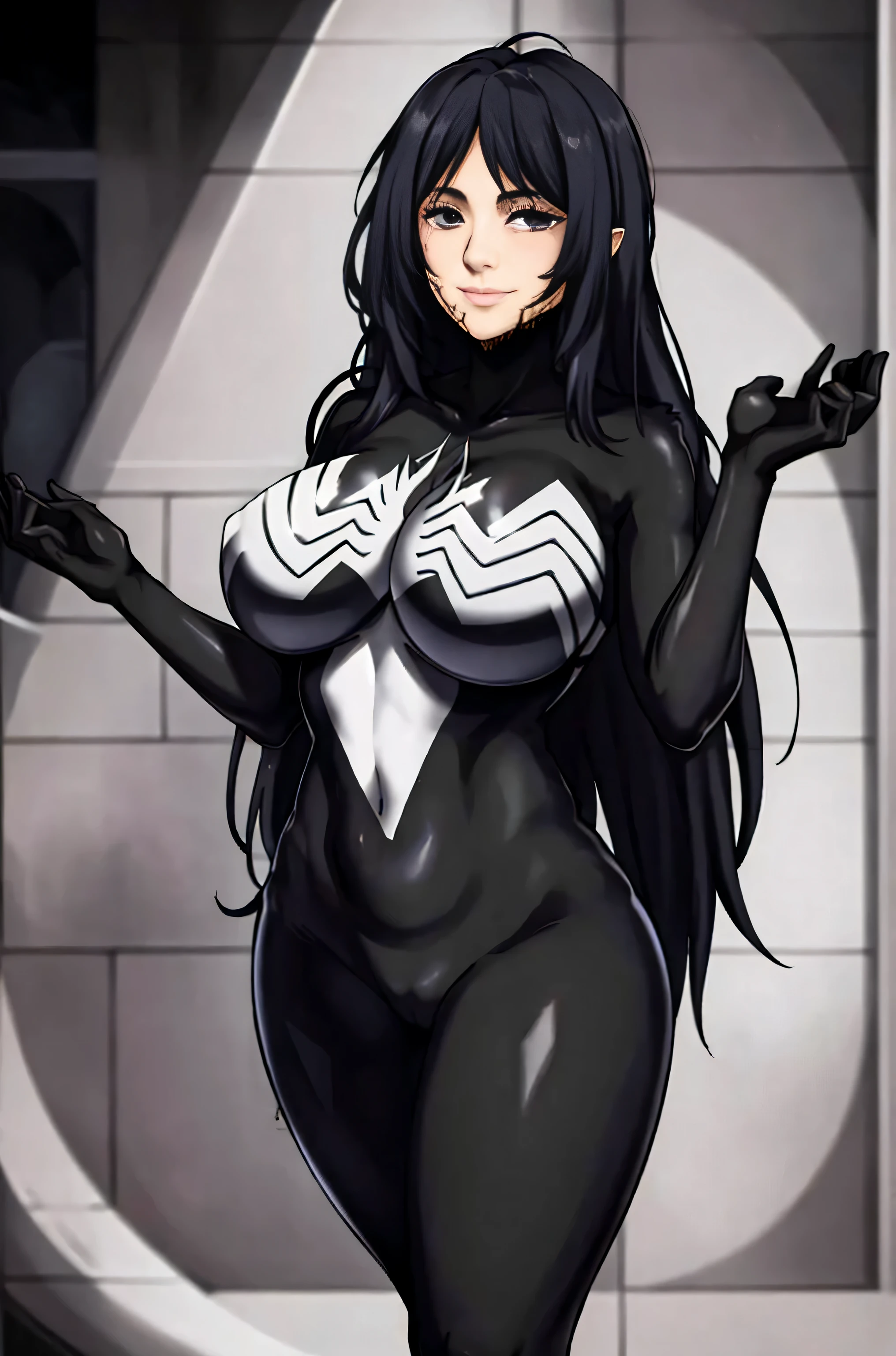 masterpiece,best quality,1girl,long hair,big breasts,standing,seductive,,smirk,very long hair,symbiote
