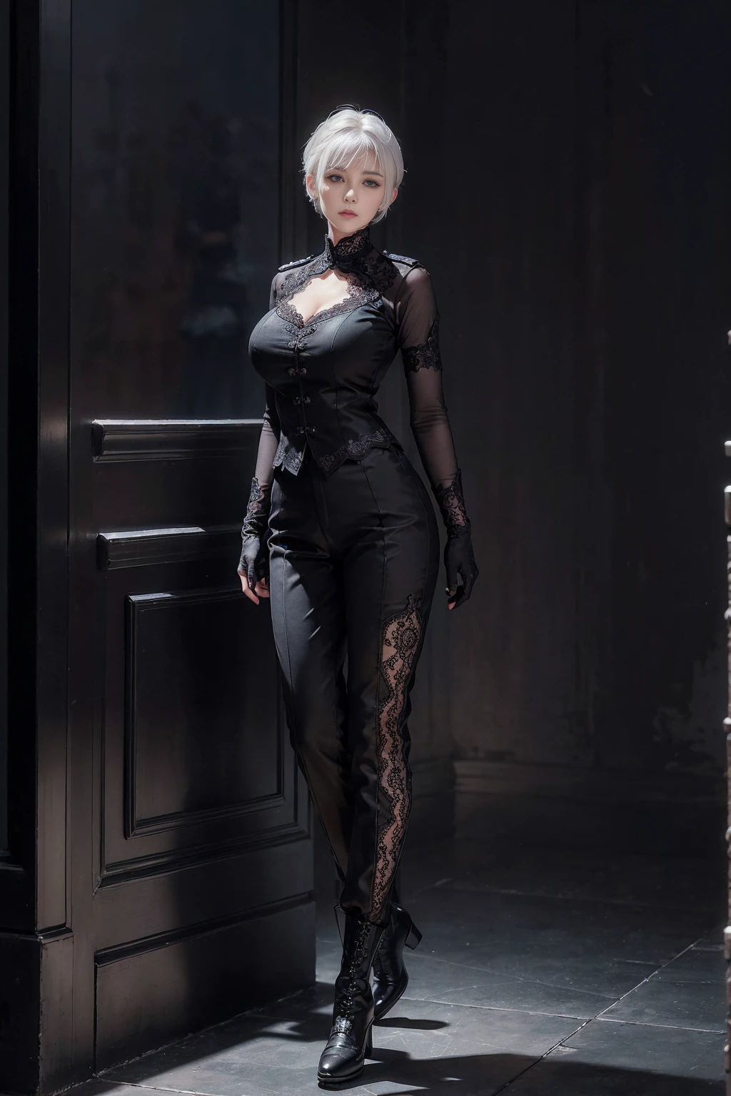 ((1 Full body single woman)) ,(Shooting from front and middle), looking at the camera, centered image, tmasterpiece,A high resolution, Absolutely beautiful, facing to the camera, Tall and fit body,(big breast : 1.3), white short hair with updo, (full coverage black lace uniform, Embroidery uniform, decorated uniform and pants, Exquisite details of the uniform and pants, black lace stockings, warrior, black gloves, show black boots, (lace) uniform, allure:white hair, short hair (hair behind the body), young adult,(Tall:1.5),Rich scene detail,In the midst of the war,standing.