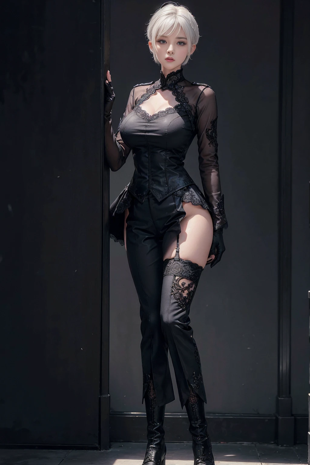 black dress, black gloves, pantyhose, ((Bare shoulders)), ((Full breasts)), ((The skirt is short)), ((Sexy legs)), ((whole body)), ((torn pantyhose)), Practical, Fashion girl, Red lips, Mature women, Exquisite makeup, big eyes, beautiful, (best quality, masterpiece:1.2), The right hand, The right hand指, Anatomically correct, Ultra Detailed, (Practical:1.37), ((Random scenes, Random shooting angles)), ((Sexy long legs)), Young and energetic, Charming model, (Delicateeyes, Delicate lips), Show a bright smile, Create stunning girl images, warm color, Very high color saturation, Official Art, Extremely detailed CG, Unity 8K Wallpaper, (High Dynamic Range :1.4), (Movie atmosphere),(Soft colors), (Natural skin texture, ultra-Practical, Soft Light, sharp),(Very detailed), night, moonlight