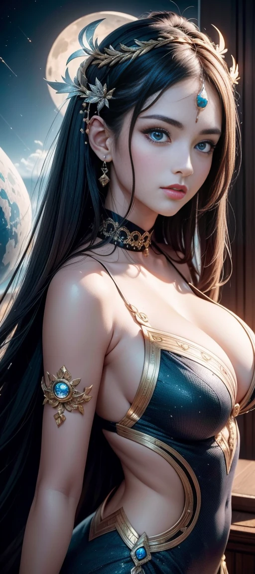 (best quality,Super detailed,Best Illustration,best shadow,masterpiece,high resolution,professional illustrations,Famous works of art),meticulous eyes,Beautiful eyes,Close-up cleavage,Wind and clouds,Colored sclera,s eyes,facial marks,Tattoos are,(fractal,fractal eyes),big eyes,Eyes wide,(eye focus),Face focus,cosmic eye,space eye,Close up of metal sculpture of woman with moon in hair,welcome。extremely high detail,Goddess 3D Portrait,The image of the goddess is extremely detailed,Stunning goddess portrait,Goddess side face avatar,portrait of a beautiful goddess,full body statue of goddess,goddess hecate,Portrait of norse moon goddess,goddess of space and time