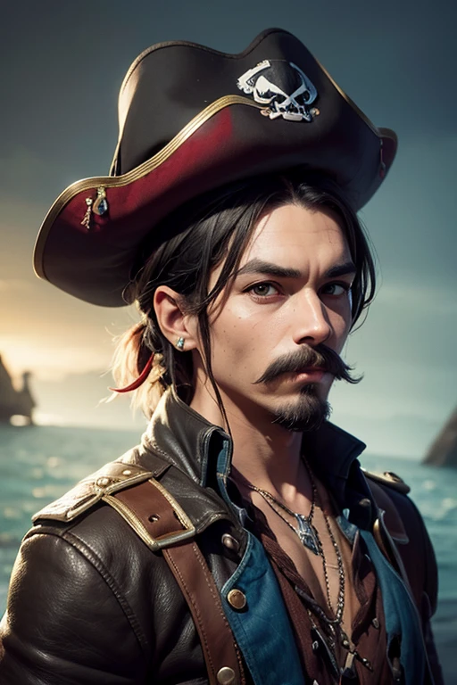 An 8k masterpiece, highest resolution, every detail, meticulous detail, depth of field, bright colors, beautiful composition,realistic skin,gorillaz art: 1man with mustache,jack sparrow,black undercut hair,pirate clothes,pirate hat,earings,blue gloves,abstract background.
