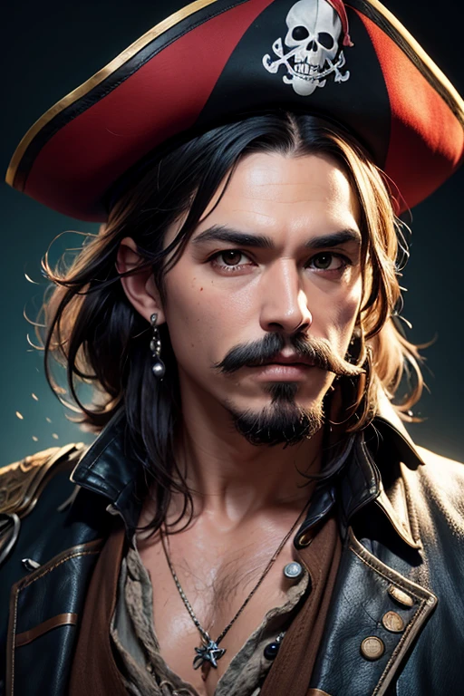 An 8k masterpiece, highest resolution, every detail, meticulous detail, depth of field, bright colors, beautiful composition,realistic skin,gorillaz art: 1man with mustache,jack sparrow,black undercut hair,pirate clothes,pirate hat,earings,blue gloves,abstract background.