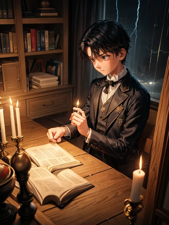 A in his room in the dark night illuminated by candles, thoughtful and serious appearance, thin and fine face, elegant clothes, early 1900s, room full of books, five fingers on each hand, electrical storm outside, very heavy rain.