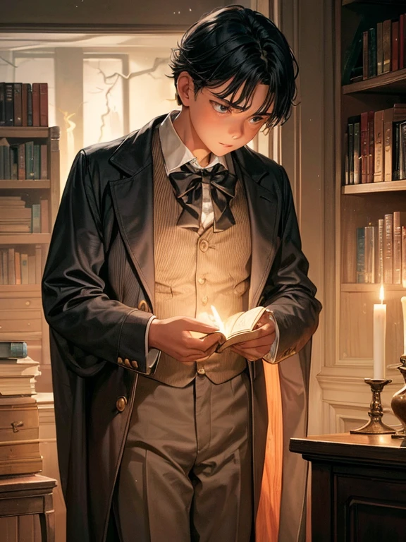 A 12-year-old boy in his room in the dark night illuminated by candles, thoughtful and serious appearance, thin and fine face, elegant clothes, early 1900s, room full of books, five fingers on each hand, electrical storm outside, very heavy rain.