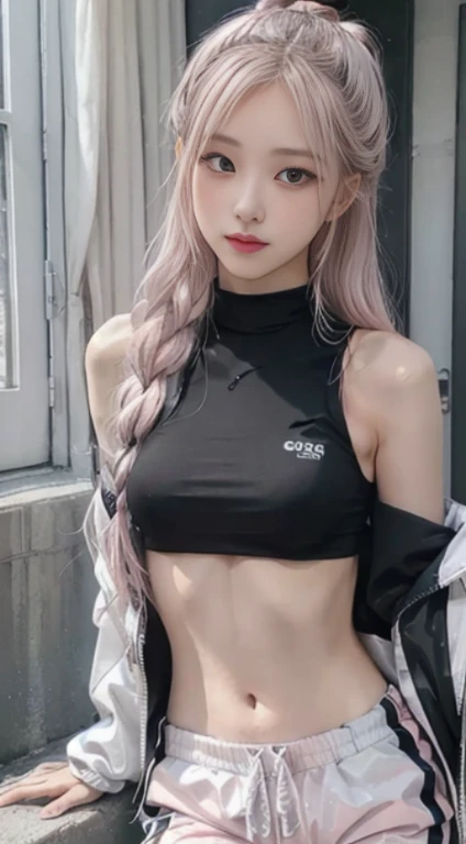 The highest image quality, RAW photos, Ultra-high resolution, Smile gently, ************ Korean, small breasts, Chopping, White skin of the, Fair and shiny skin, a long flowing hair, Light silver hair, Perfect with bangs, Short T-shirt, track suit, running shorts, beautidful eyes, beautiful eyes of random colors, with very thin lips, Beautiful eyes and details, eyes elongated, Pale pink cheeks, long eyelasher, beautiful double eyelid, eye shadows, beautiful thin legs, Beautiful navel, Beautiful abs, Nice ribs, 耳Nipple Ring, Training room, gym room