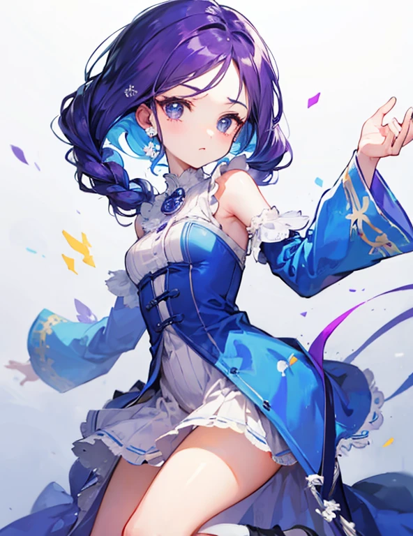Top Quality, 8K, 4K, High Definition, Detail, (better-quality, 8K, 12), top-quality, 1 girl、purple short bob hair clip tied into a bun、black eyes、small breasts、uniform、gray jacket with pink line、blue skirt、 fingerless gloves、thighs、Ilcha fousing on her, surprise face, having her handon her face, making cute expressing face. picture pose, she is standing up, she has a loil pop in her mouth, she up close only showing her wraist and up.
