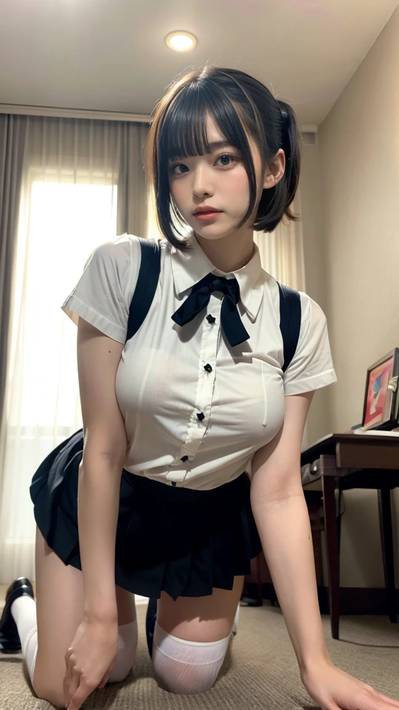 muste piece, best quality, illustration, Super detailed, fine details, High resolution, 8K,wall paper, perfect dynamic composition,(Details High quality, realistic depiction of eyes:1.3), (collared shirt:1.1), pleated skirt, knee high socks, large breasts, short bob hair, black hair color, Big Natural Color Lip, (perfect body shape), crying a little、cold gaze, Harajuku style、20 year old girl、cute type、ta、beautiful legs, hotel room, Gravure Idol, Voluptuous thighs, large hip, getting pounded from behind, on all fours