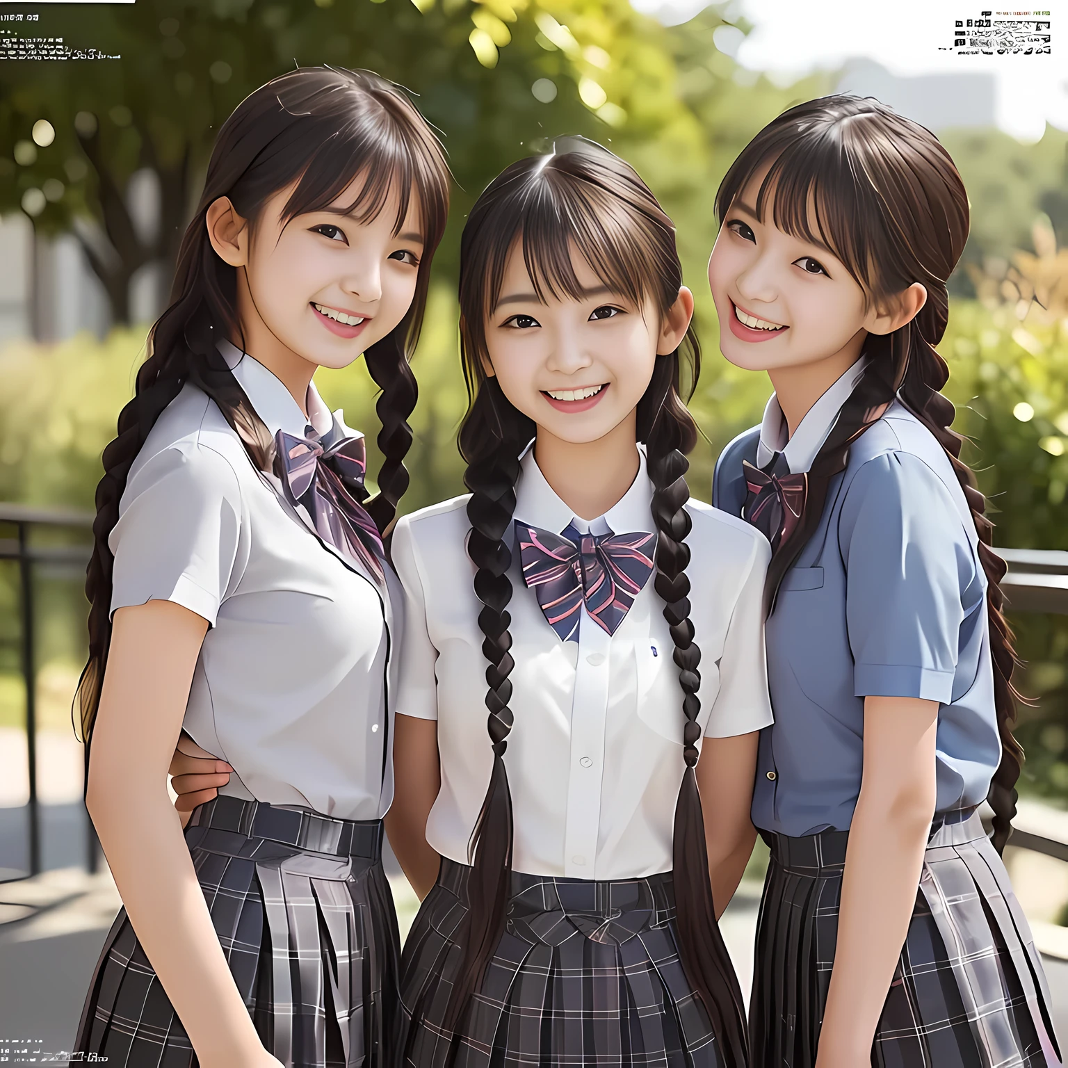(highest quality、masterpiece:1.2)、highest quality、Realistic、photograph、High resolution、1080p、8K、Fair skin, especially face, Physical Rendering、((Height: 160cm)), some Japanese girls、((((((Three Japanese magazine high school student fashion models looking at the viewer)))))), school summer uniform, (((big very detailed beautiful dark brown eyes))), ((((impressive plain navy large school ribbon bow tie in plain)))), ((((black very beautiful and very very long braids)))), ((((A light gray box-pleated box-pleated skirt)))), ((A yellow ivory colored blouse with puffed short sleeves and frills)), (((((((laughing and looking at me!))))))), detailed fingers, ((curled bangs)), ((Very large and cute eyes, carefully drawn with great attention to detail)), double eyelids, (((long eyelashes))), ((cute lovely lovely laughing laughing cheeks)), ((Pure white light hits her face from above and in the front, making her skin and eyes shine beautifully.)), ((Strong light hits the nose and cheeks、It brings out the richness of the expression.)), ((The skirt is very cute)), (((((Facial features are very expressive lovely smile, very very pure, very very intelligent.)))))