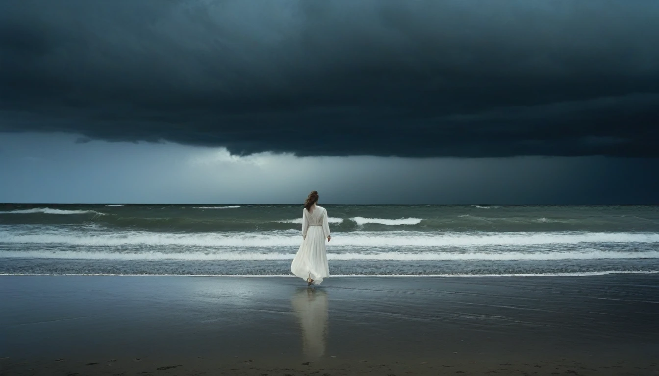 A lonely woman in a long white dress, backwards, walking in the distance, in a stormy rainy beach,dark clouds,delicate detailing,subtle texture,soft-focus effect,soft shadows,minimalist aesthetic,gentle illumination,elegant simplicity,serene composition timeless appeal,visual softness,extremely high quality high detail RAW color photo,professional lighting,sophisticated color grading,sharp focus,soft bokeh,striking contrast,dramatic flair,depth of field,seamless blend of colors,CGI digital painting,cinematic still 35mm,CineStill 50D,800T,natural lighting,shallow depth of field,crisp details,hbo netflix film color LUT,32K,UHD,HDR,film light,panoramic shot,breathtaking,hyper-realistic,ultra-realism,high-speed photography,perfect contrast,award-winning phography,directed by lars von trier
