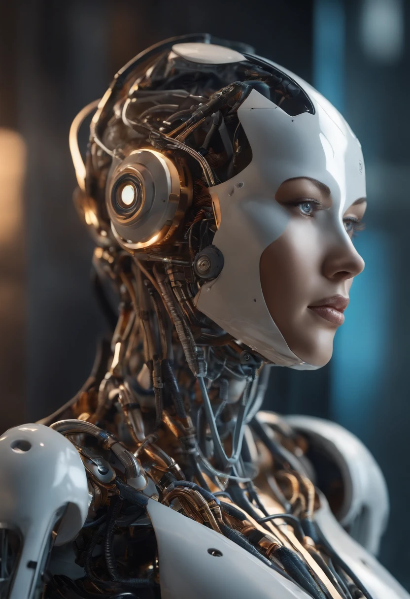 Top quality 8K ultra high definition work, masterpiece: 1.3, sharp focus: 1.2. One robot, the face is a human woman. The fuselage of the machine, countless cables, the oxygen inhalation mask, the glowing right eye, the metal tube, the spine, the heart. (natural colors, photos, 8K)、sexy thighs