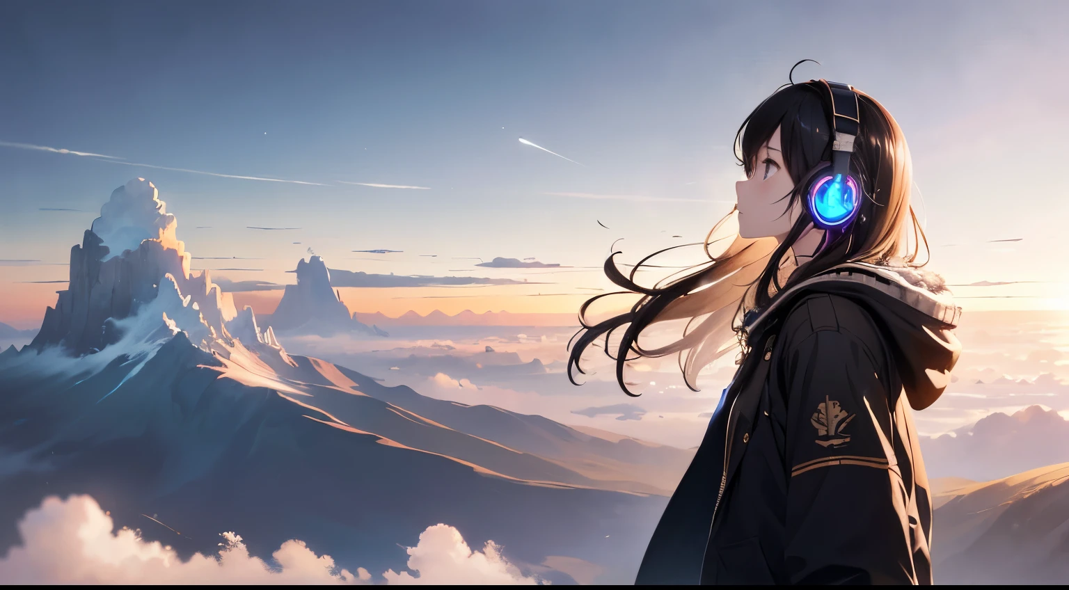 absurdres, highres, (official art, beautiful and aesthetic:1.2), close view, shining sky, vast world, girl, Wear headphones, gazing, awe-inspiring expression, distant horizon, clouds, high hill, natural beauty, inspiration, light effects,