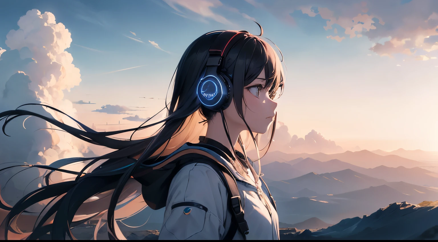 absurdres, highres, (official art, beautiful and aesthetic:1.2), close view, shining sky, vast world, girl, Wear headphones, gazing, awe-inspiring expression, distant horizon, clouds, high hill, natural beauty, inspiration, light effects,