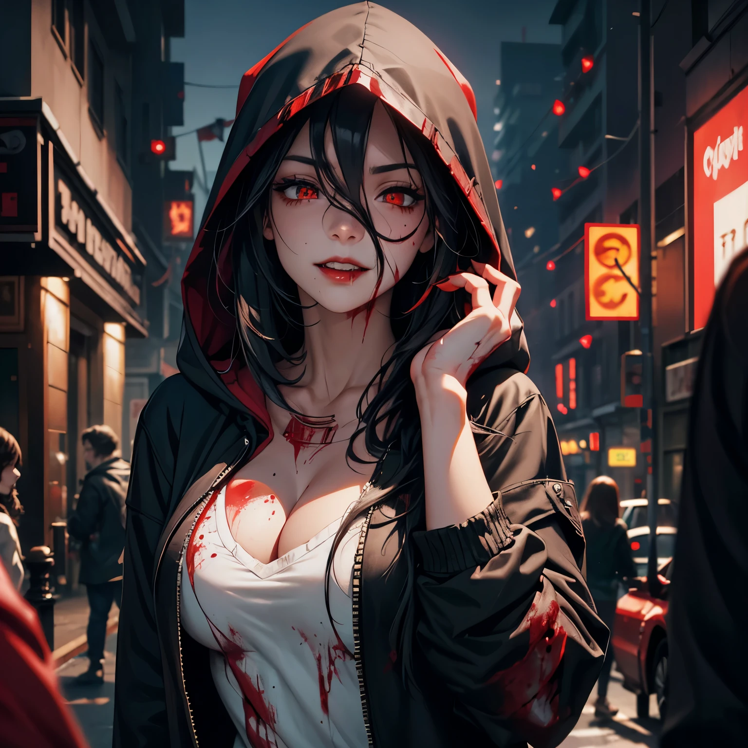 a girl, big eyes, bright eyes, red pupils, black hair with red tips, short messy hair with long sides, medium breasts, wearing a black hooded sweatshirt, hood over her head, on a dark street, Leaning against the wall, Looking to the viewer, devilish smile with the mouth wide open showing its sharp teeth, (((blood dripping from the mouth))), ((likes blood on the cheek)), blood dripping down the body, ((realistic blood)), lighting public, lights up the street, lipstick, eye shadow, left arm covered in tattoo, beautiful girl, perfect body beauty: 1.4, symmetrical face with harmonious features, authentic skin texture, masterpiece, best quality, cinematic lighting, textured skin, anatomically correct, high detail, realism, high resolution, 8k wallpaper unit, depth of field, PSYCHOPHONKY