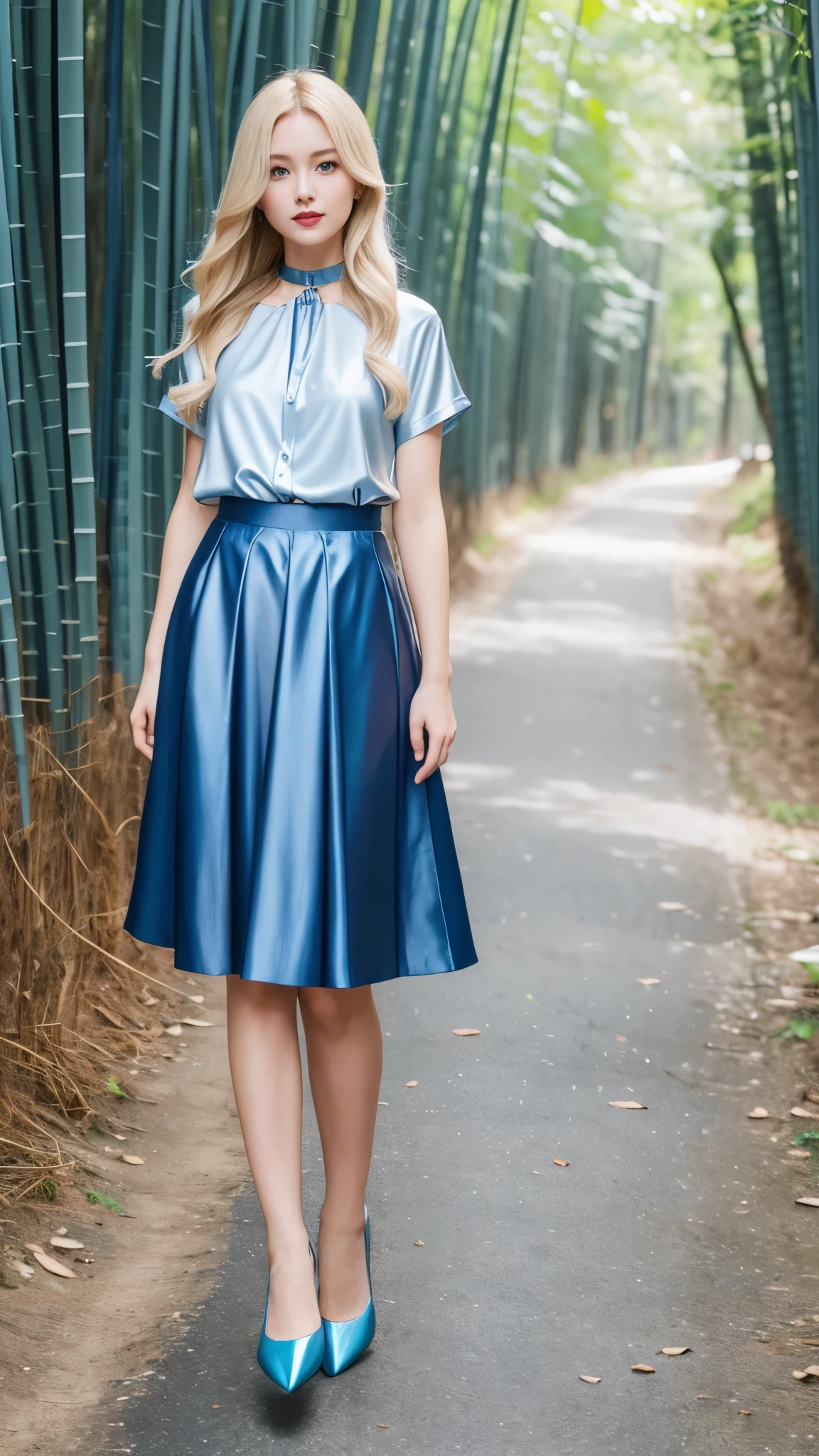 a mystical ocean goddess, blue maxi skirt with slit, beige blouse, wavy brown hair with blue highlights, dramatic blue makeup, silver and blue jewelry, beautiful detailed eyes, beautiful detailed lips, extremely detailed eyes and face, long eyelashes, photorealistic, cinematic lighting, dramatic colors, fantasy, digital painting, concept art, atmospheric, serene, ethereal, glowing, magical